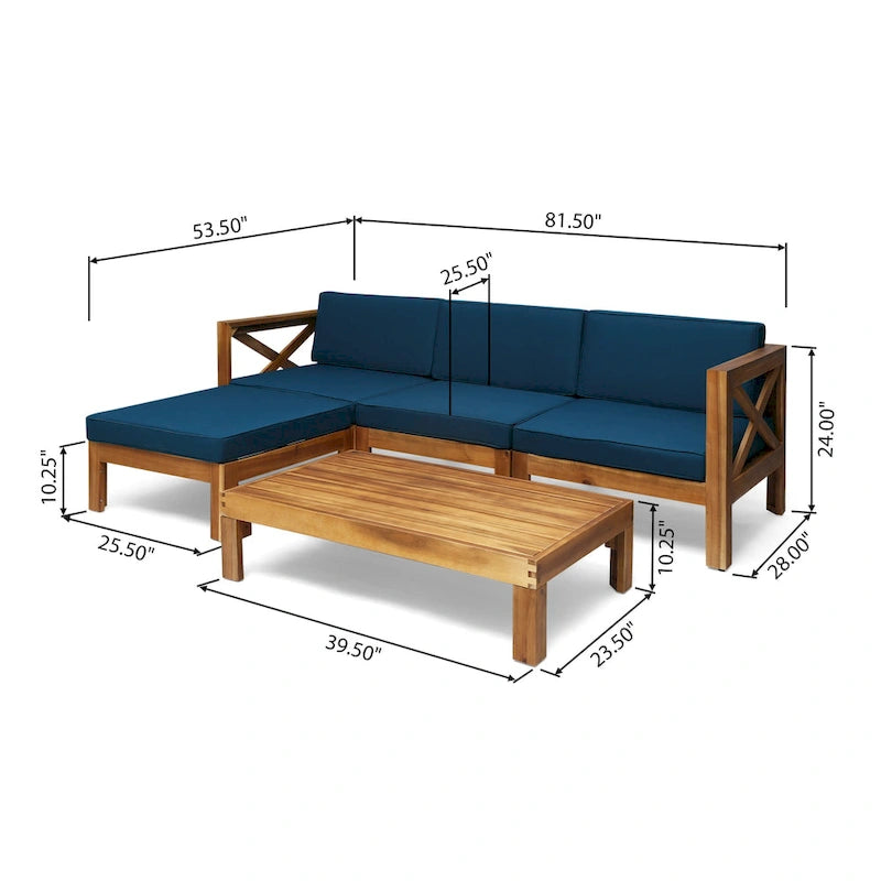 Ensemble de conversation d'extérieur 3 pièces en forme de L, ensemble de mobilier tout temps en bois d'acacia avec pouf et table basse