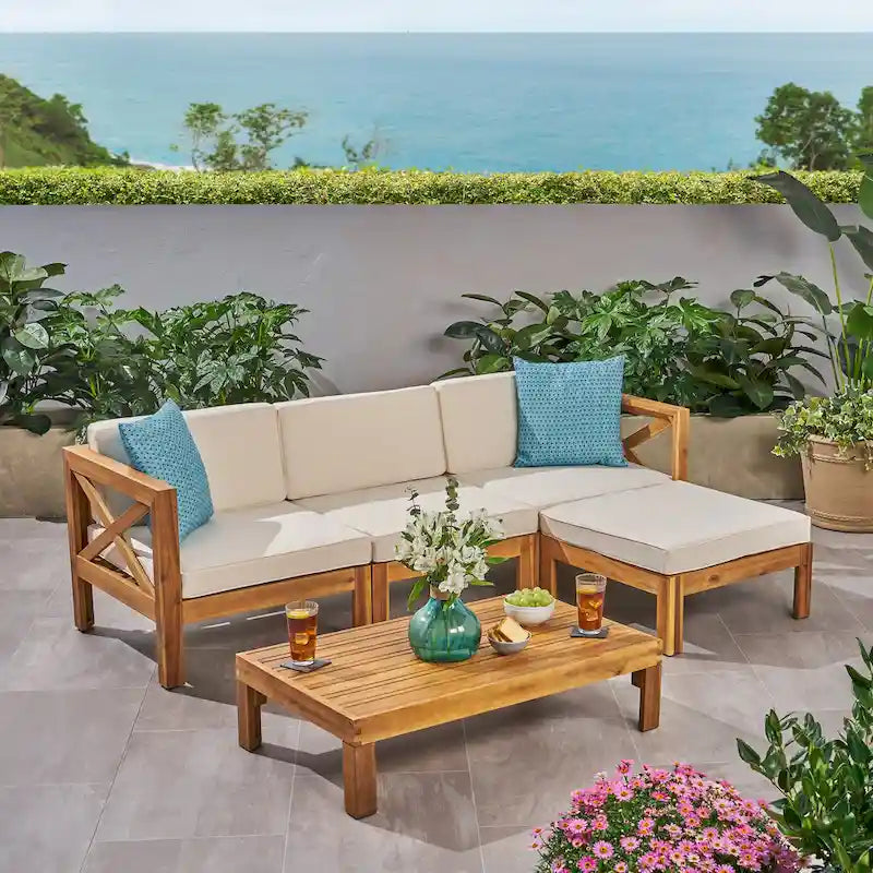 Ensemble de conversation d'extérieur 3 pièces en forme de L, ensemble de mobilier tout temps en bois d'acacia avec pouf et table basse