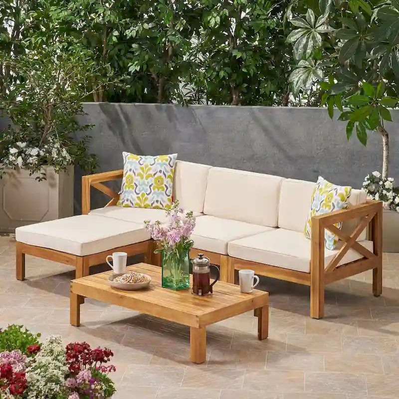 Ensemble de conversation d'extérieur 3 pièces en forme de L, ensemble de mobilier tout temps en bois d'acacia avec pouf et table basse