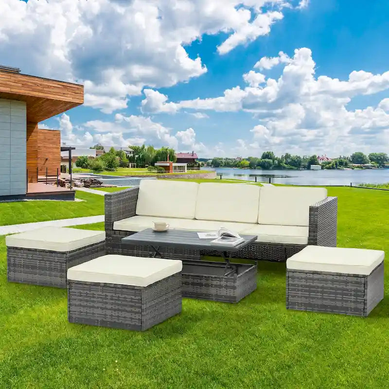 Ensemble de canapé d'extérieur en rotin PE 5 pièces, mobilier de conversation pour patio avec table basse relevable et canapé-lit.