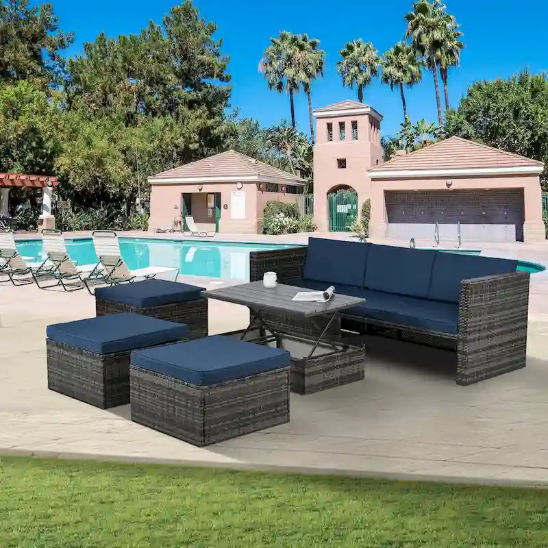 Ensemble de canapé d'extérieur en rotin PE 5 pièces, mobilier de conversation pour patio avec table basse relevable et canapé-lit.