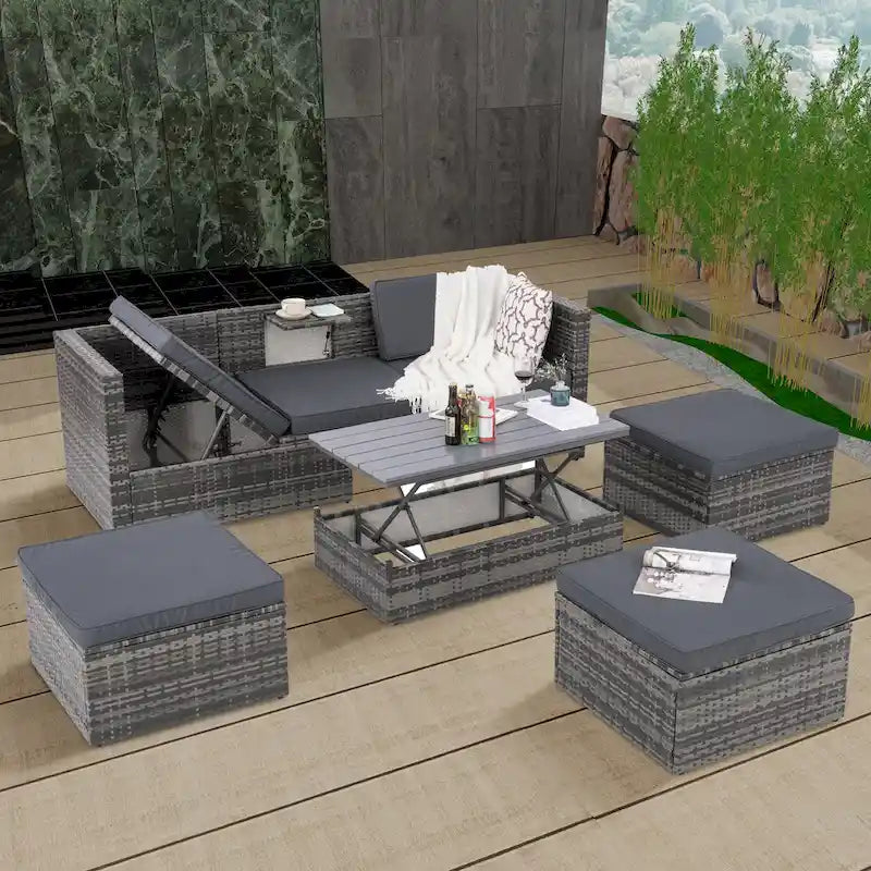 Ensemble de canapé d'extérieur en rotin PE 5 pièces, mobilier de conversation pour patio avec table basse relevable et canapé-lit.