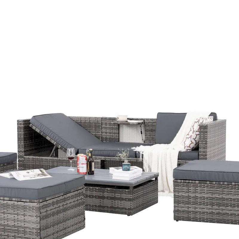 Ensemble de canapé d'extérieur en rotin PE 5 pièces, mobilier de conversation pour patio avec table basse relevable et canapé-lit.