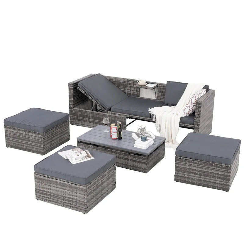 Ensemble de canapé d'extérieur en rotin PE 5 pièces, mobilier de conversation pour patio avec table basse relevable et canapé-lit.