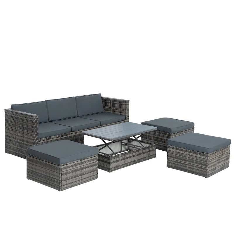 Ensemble de canapé d'extérieur en rotin PE 5 pièces, mobilier de conversation pour patio avec table basse relevable et canapé-lit.