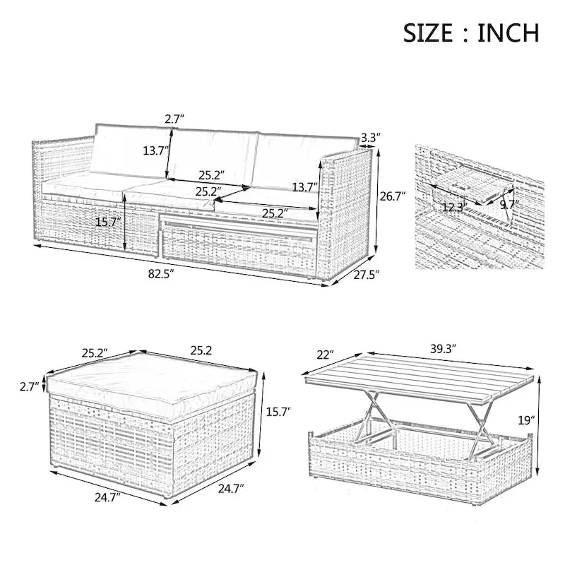 Ensemble de canapé d'extérieur en rotin PE 5 pièces, mobilier de conversation pour patio avec table basse relevable et canapé-lit.