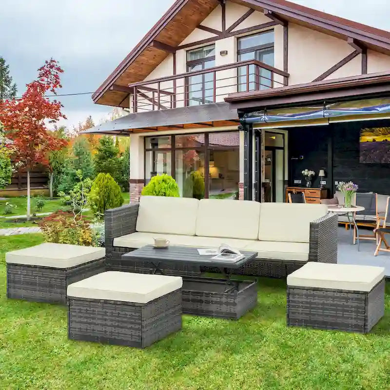 Ensemble de canapé d'extérieur en rotin PE 5 pièces, mobilier de conversation pour patio avec table basse relevable et canapé-lit.
