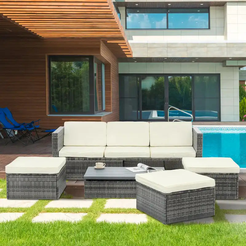 Ensemble de canapé d'extérieur en rotin PE 5 pièces, mobilier de conversation pour patio avec table basse relevable et canapé-lit.
