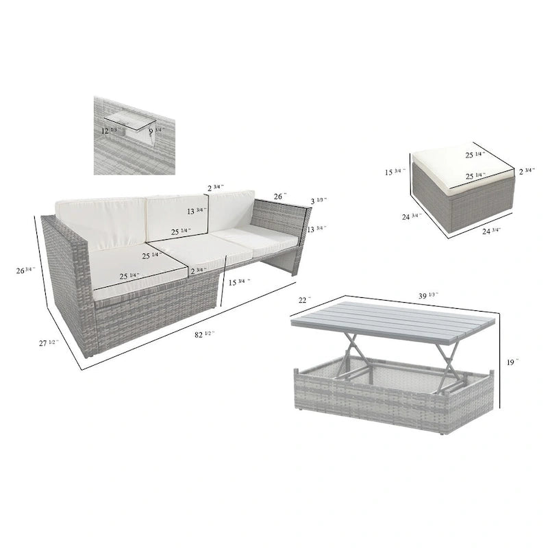 Ensemble de canapé d'extérieur en rotin PE 5 pièces, mobilier de conversation pour patio avec table basse relevable et canapé-lit.