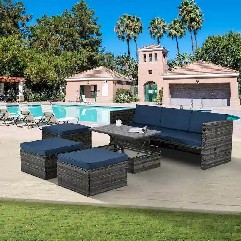 Ensemble de canapé d'extérieur en rotin PE 5 pièces, mobilier de conversation pour patio avec table basse relevable et canapé-lit.