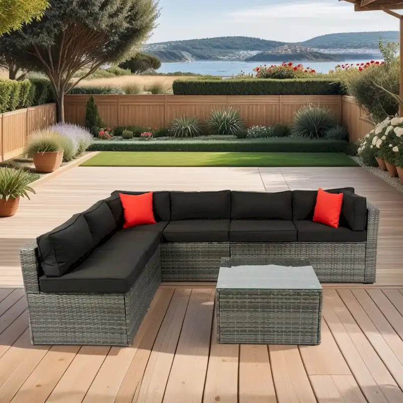 Ensemble de canapé d'angle extérieur 5 pièces, mobilier de conversation en rotin PE résistant aux intempéries avec table basse et 2 oreillers