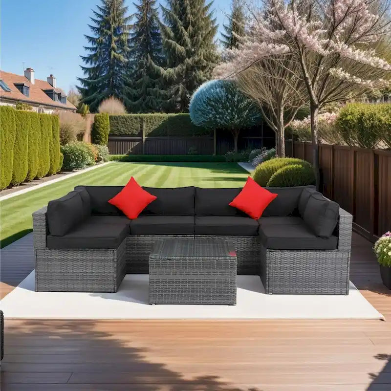 Ensemble de canapé d'angle extérieur 5 pièces, mobilier de conversation en rotin PE résistant aux intempéries avec table basse et 2 oreillers