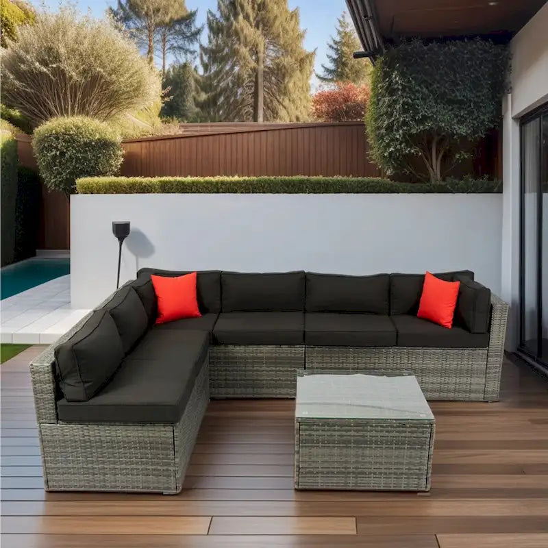 Ensemble de canapé d'angle extérieur 5 pièces, mobilier de conversation en rotin PE résistant aux intempéries avec table basse et 2 oreillers