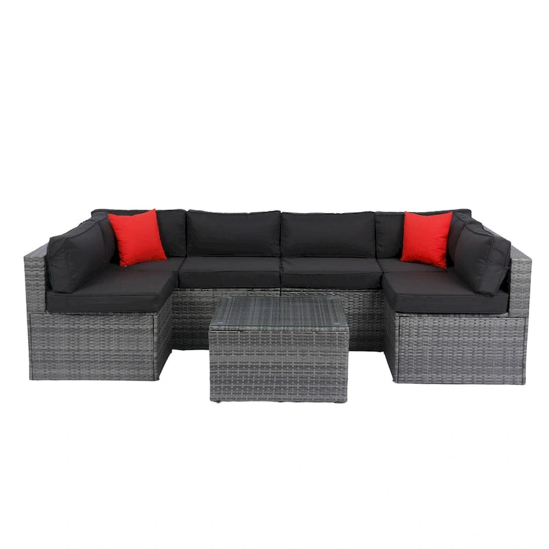 Ensemble de canapé d'angle extérieur 5 pièces, mobilier de conversation en rotin PE résistant aux intempéries avec table basse et 2 oreillers