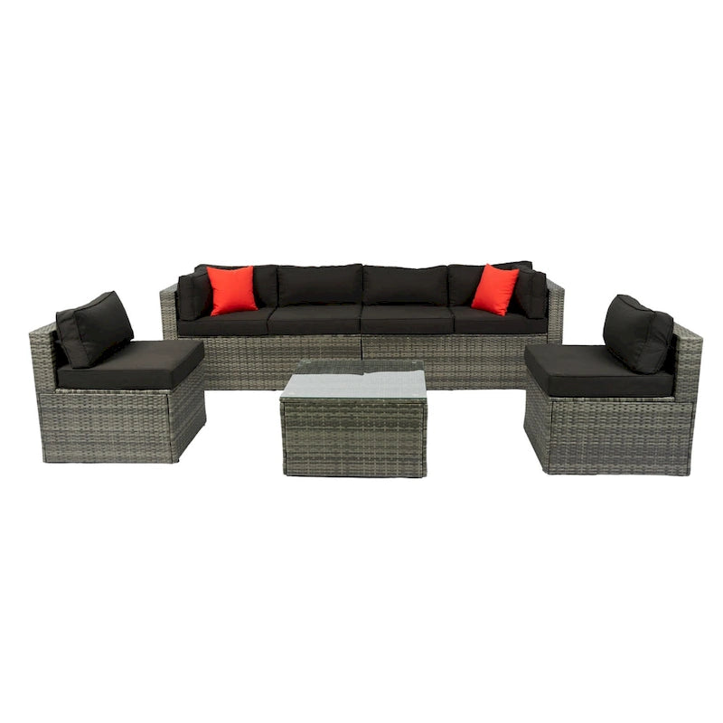 Ensemble de canapé d'angle extérieur 5 pièces, mobilier de conversation en rotin PE résistant aux intempéries avec table basse et 2 oreillers
