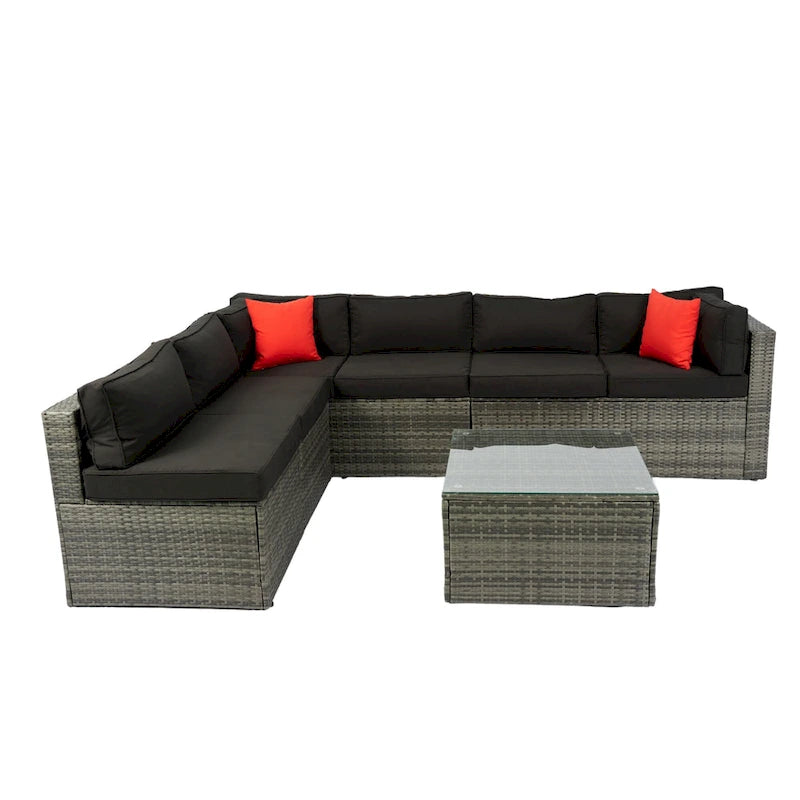 Ensemble de canapé d'angle extérieur 5 pièces, mobilier de conversation en rotin PE résistant aux intempéries avec table basse et 2 oreillers