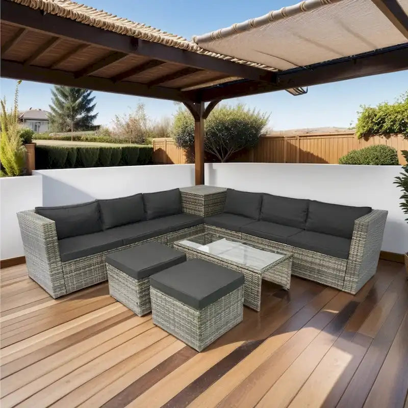 Ensemble de canapé d'angle en forme de L 8 places pour patio, ensemble de meubles d'extérieur en rotin osier avec un coffre de rangement sous le siège et une table basse
