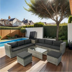 Ensemble de canapé d'angle en forme de L 8 places pour patio, ensemble de meubles d'extérieur en rotin osier avec un coffre de rangement sous le siège et une table basse