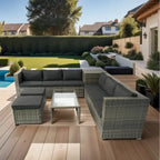Ensemble de canapé d'angle en forme de L 8 places pour patio, ensemble de meubles d'extérieur en rotin osier avec un coffre de rangement sous le siège et une table basse