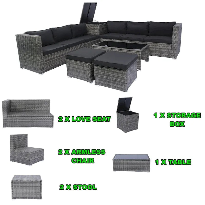 Ensemble de canapé d'angle en forme de L 8 places pour patio, ensemble de meubles d'extérieur en rotin osier avec un coffre de rangement sous le siège et une table basse