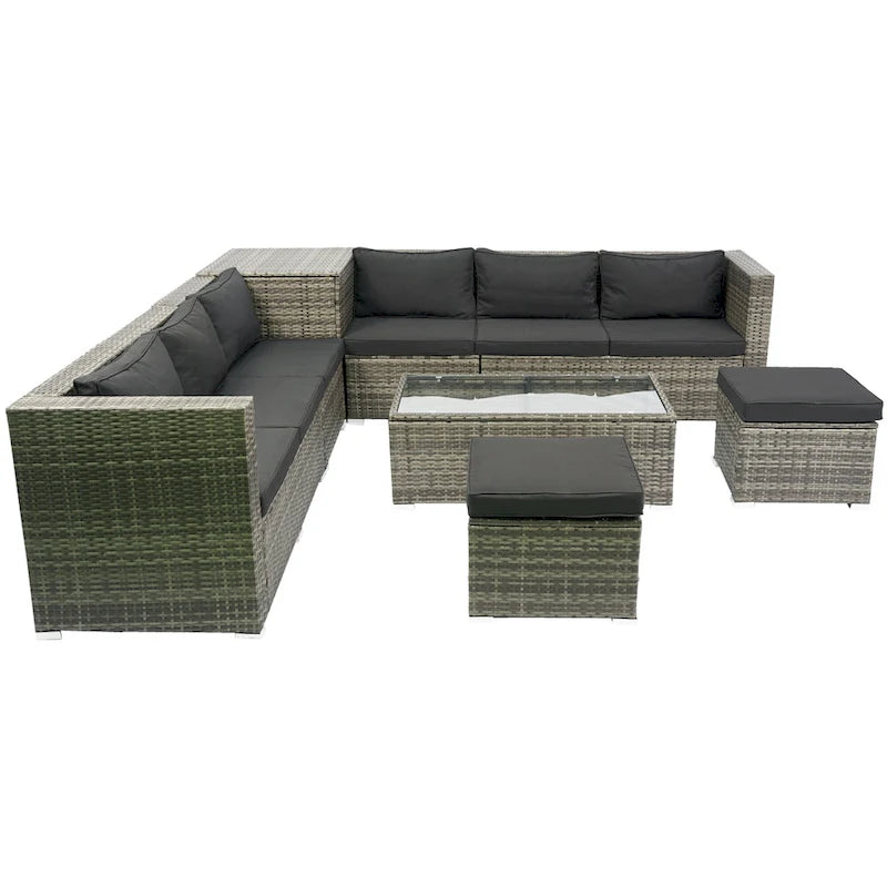 Ensemble de canapé d'angle en forme de L 8 places pour patio, ensemble de meubles d'extérieur en rotin osier avec un coffre de rangement sous le siège et une table basse