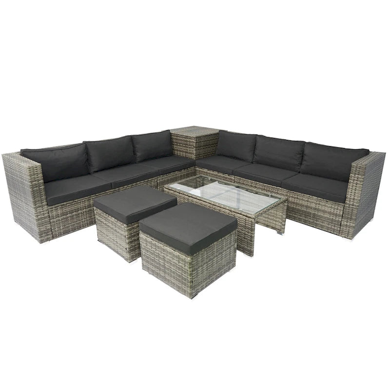 Ensemble de canapé d'angle en forme de L 8 places pour patio, ensemble de meubles d'extérieur en rotin osier avec un coffre de rangement sous le siège et une table basse
