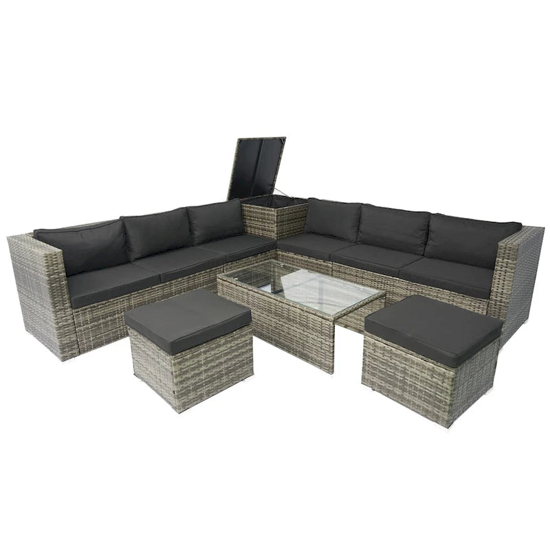 Ensemble de canapé d'angle en forme de L 8 places pour patio, ensemble de meubles d'extérieur en rotin osier avec un coffre de rangement sous le siège et une table basse