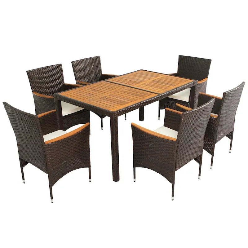 Ensemble de salle à manger d'extérieur 7 pièces, table de salle à manger en osier avec plateau en bois, salon de jardin avec coussins moelleux
