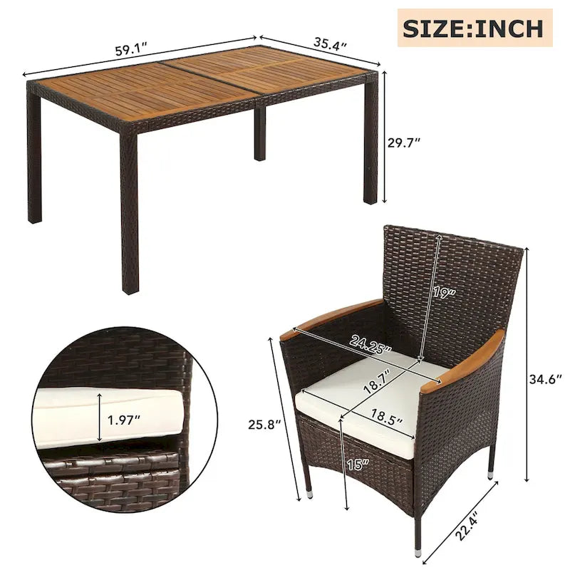 Ensemble de salle à manger d'extérieur 7 pièces, table de salle à manger en osier avec plateau en bois, salon de jardin avec coussins moelleux