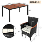 Ensemble de salle à manger d'extérieur 7 pièces, table de salle à manger en osier avec plateau en bois, salon de jardin avec coussins moelleux