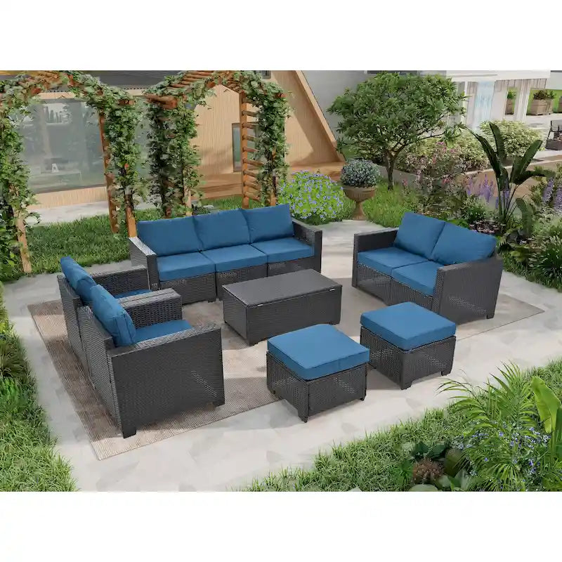 Ensemble de mobilier d'extérieur 10 pièces, ensemble de canapés modulaires en rotin pour terrasse, ensemble de conversation toutes saisons avec coussins et table basse