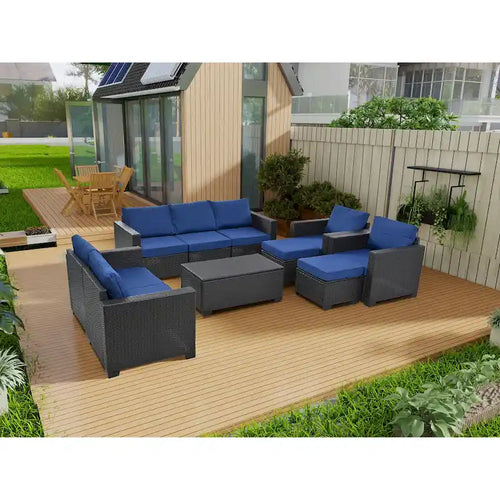 Ensemble de mobilier d'extérieur 10 pièces, ensemble de canapés modulaires en rotin pour terrasse, ensemble de conversation toutes saisons avec coussins et table basse