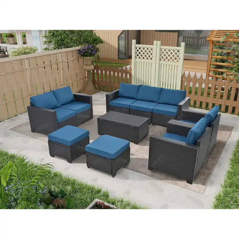 Ensemble de mobilier d'extérieur 10 pièces, ensemble de canapés modulaires en rotin pour terrasse, ensemble de conversation toutes saisons avec coussins et table basse