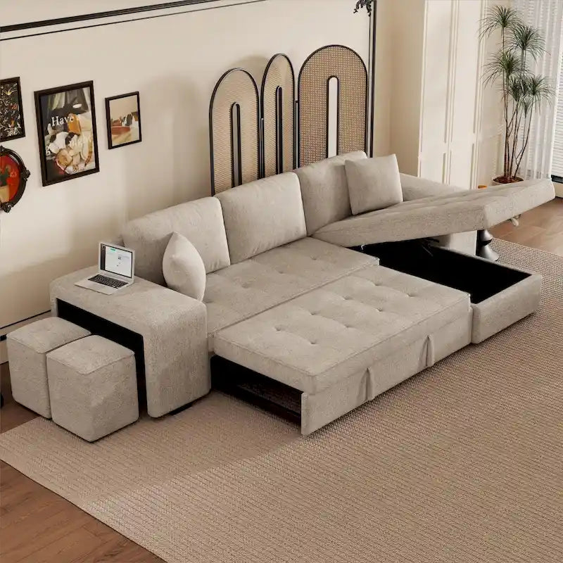 Canapé sectionnel réversible moderne 3 places en forme de L Roomfitters, canapé-lit gigogne avec méridienne de rangement et deux poufs