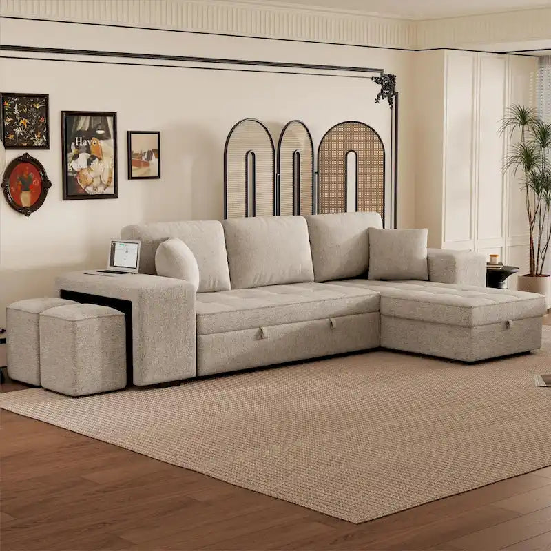 Canapé sectionnel réversible moderne 3 places en forme de L Roomfitters, canapé-lit gigogne avec méridienne de rangement et deux poufs