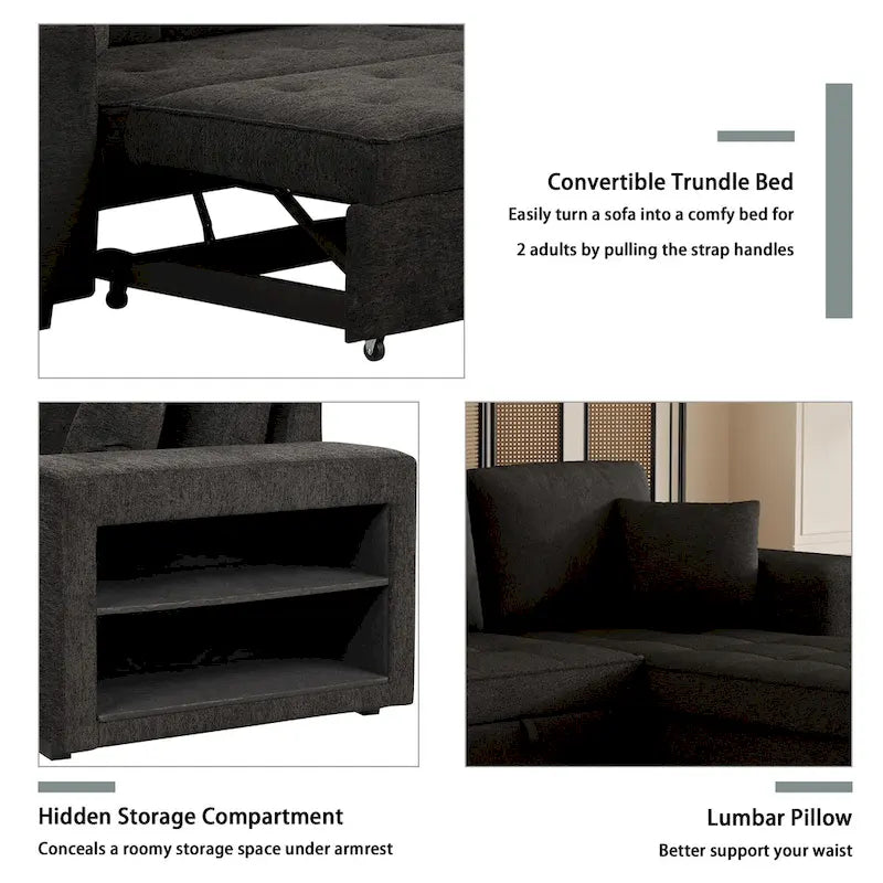 Canapé sectionnel réversible moderne 3 places en forme de L Roomfitters, canapé-lit gigogne avec méridienne de rangement et deux poufs
