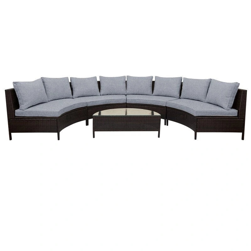 Ensemble sectionnel 5 pièces en rotin PE marron tout temps, canapé d'extérieur demi-lune avec table en verre trempé pour patio et jardin