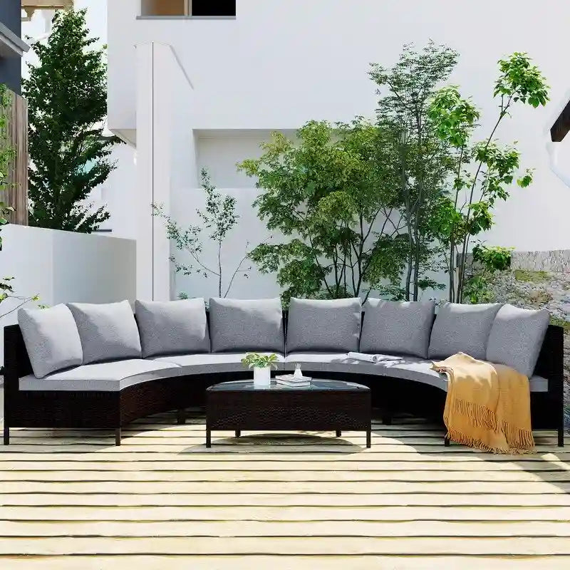 Ensemble sectionnel 5 pièces en rotin PE marron tout temps, canapé d'extérieur demi-lune avec table en verre trempé pour patio et jardin