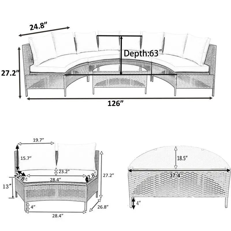 Ensemble sectionnel 5 pièces en rotin PE marron tout temps, canapé d'extérieur demi-lune avec table en verre trempé pour patio et jardin