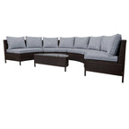 Ensemble sectionnel 5 pièces en rotin PE marron tout temps, canapé d'extérieur demi-lune avec table en verre trempé pour patio et jardin
