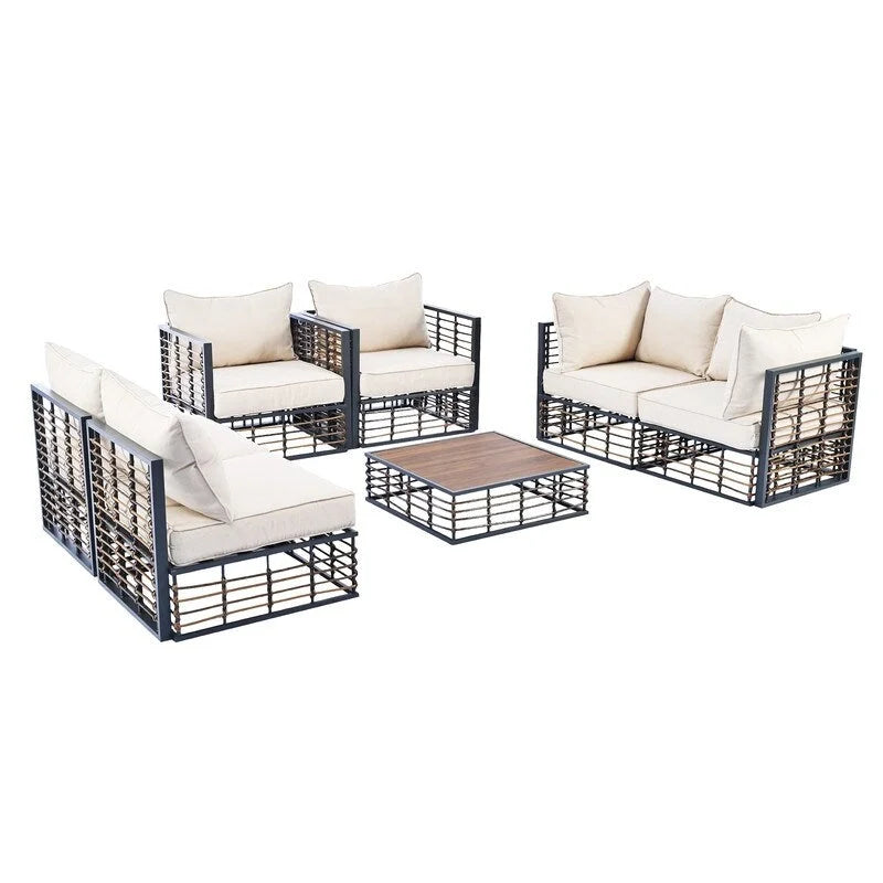 Ensemble de sectionnel d'extérieur contemporain de 7 pièces en métal, mobilier de patio tout temps avec coussins moelleux et table basse.