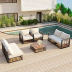 Ensemble de sectionnel d'extérieur contemporain de 7 pièces en métal, mobilier de patio tout temps avec coussins moelleux et table basse.