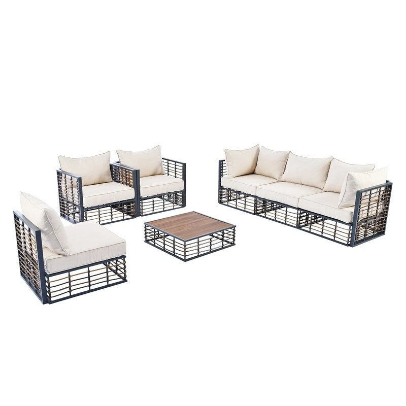 Ensemble de sectionnel d'extérieur contemporain de 7 pièces en métal, mobilier de patio tout temps avec coussins moelleux et table basse.