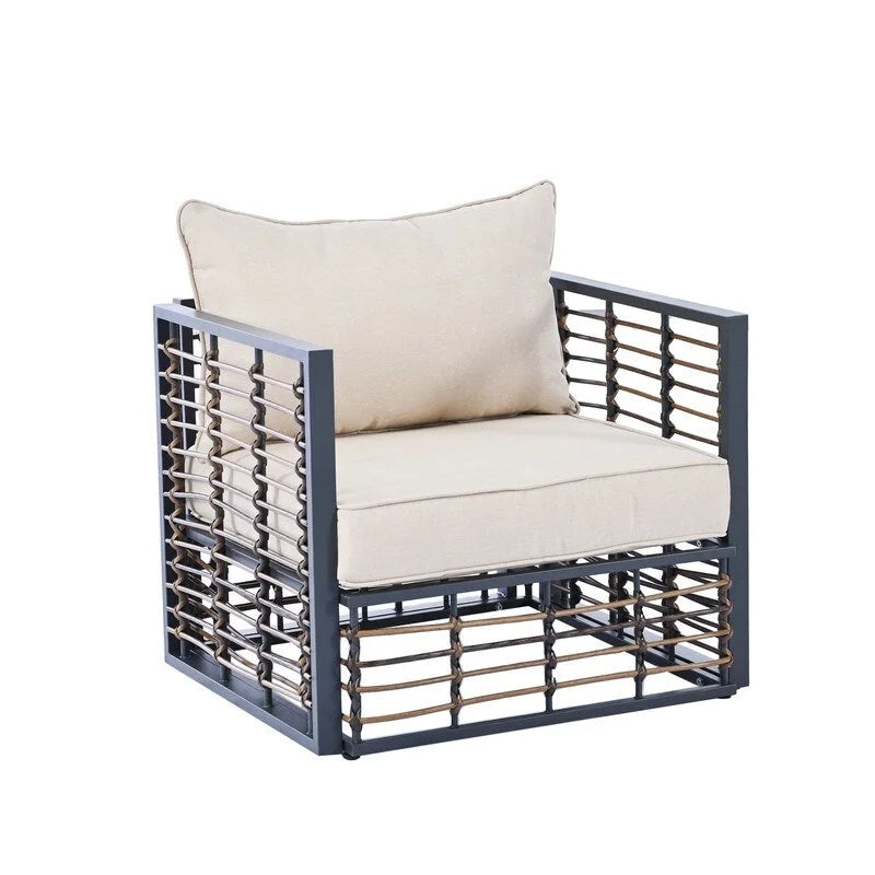 Ensemble de sectionnel d'extérieur contemporain de 7 pièces en métal, mobilier de patio tout temps avec coussins moelleux et table basse.