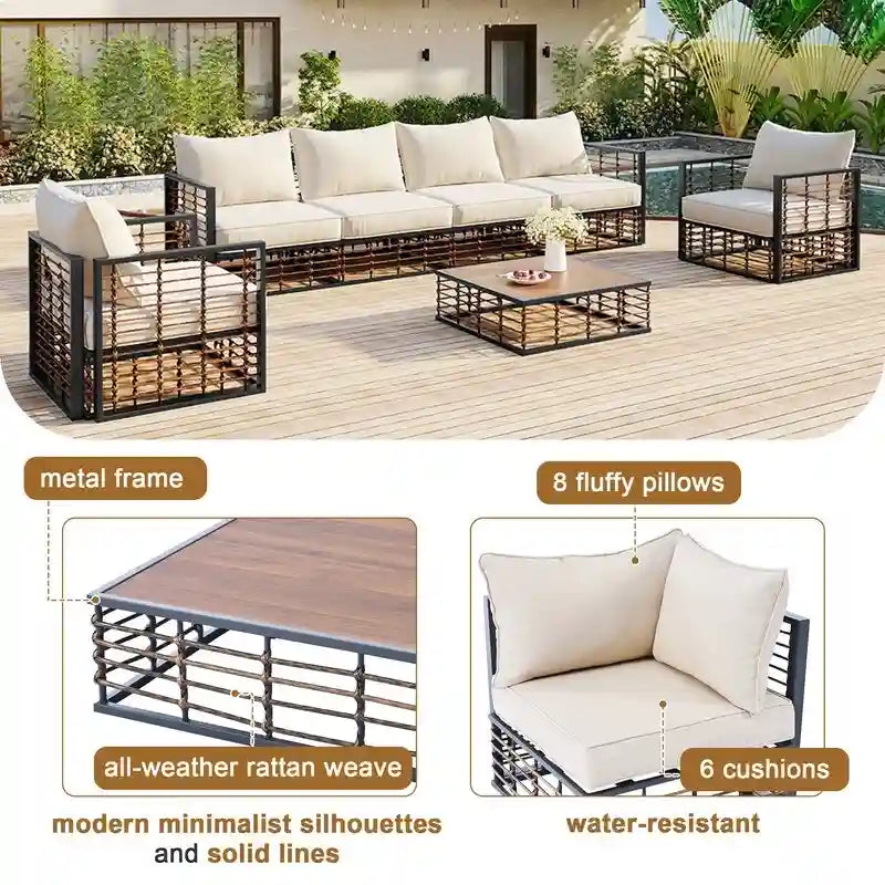 Ensemble de sectionnel d'extérieur contemporain de 7 pièces en métal, mobilier de patio tout temps avec coussins moelleux et table basse.