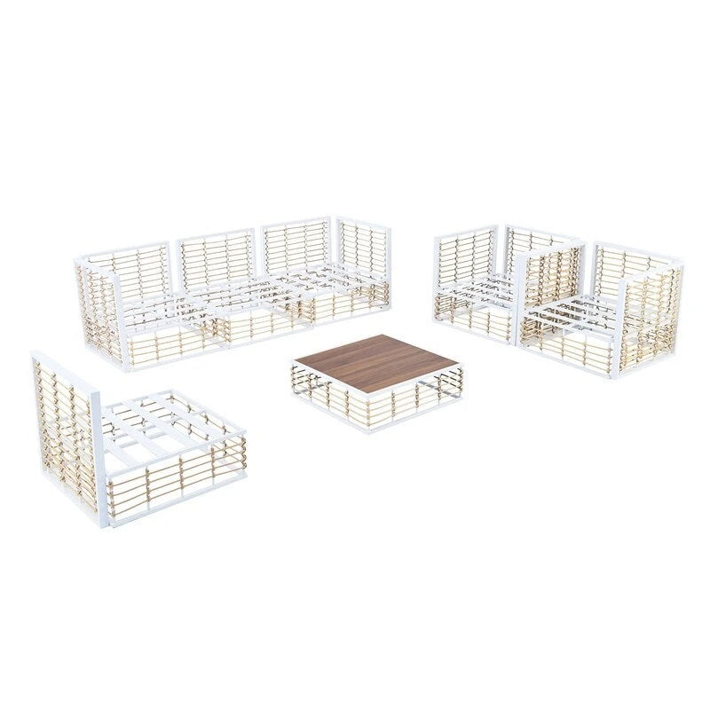 Ensemble de sectionnel d'extérieur contemporain de 7 pièces en métal, mobilier de patio tout temps avec coussins moelleux et table basse.