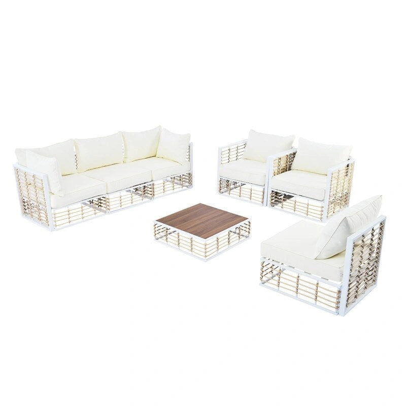 Ensemble de sectionnel d'extérieur contemporain de 7 pièces en métal, mobilier de patio tout temps avec coussins moelleux et table basse.