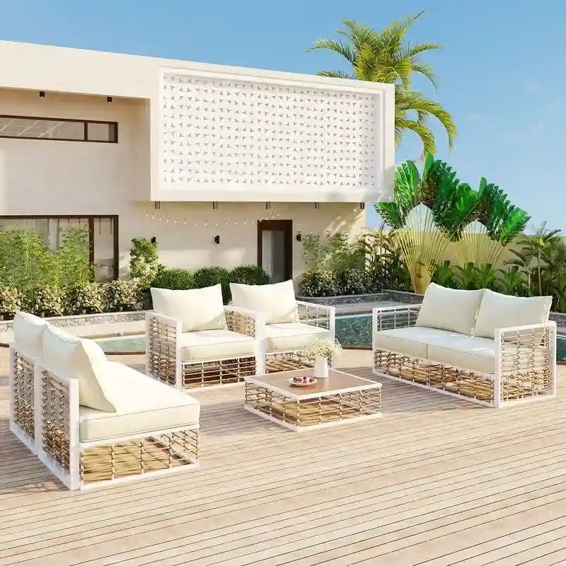 Ensemble de sectionnel d'extérieur contemporain de 7 pièces en métal, mobilier de patio tout temps avec coussins moelleux et table basse.