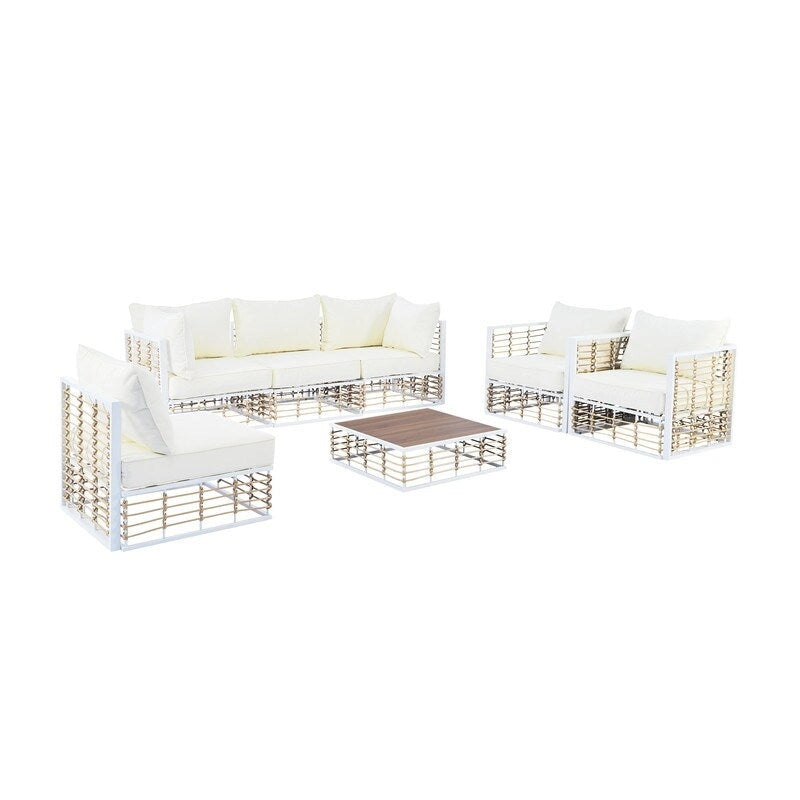 Ensemble de sectionnel d'extérieur contemporain de 7 pièces en métal, mobilier de patio tout temps avec coussins moelleux et table basse.