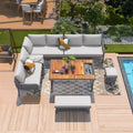 Ensemble de canapés de jardin modulables en forme de L, 6 pièces, en corde tressée, avec table basse de rangement, poufs et banc.